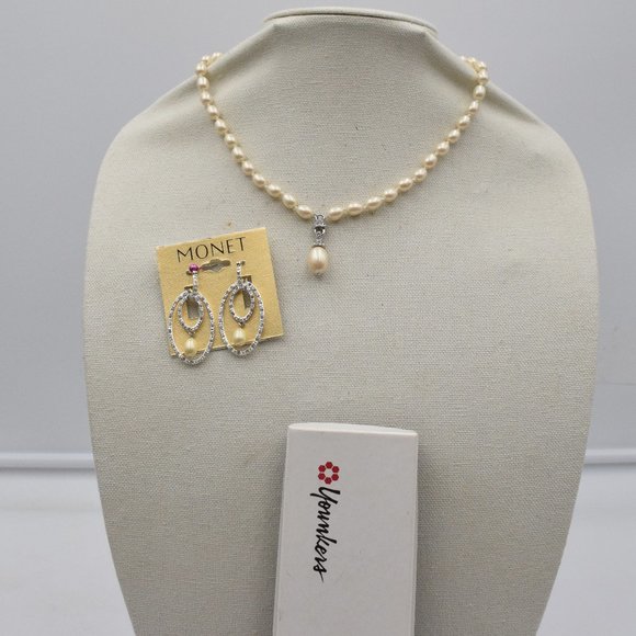 NWT Vintage Monet 75th Anniversary Faux Pearl Necklace & Earring Set